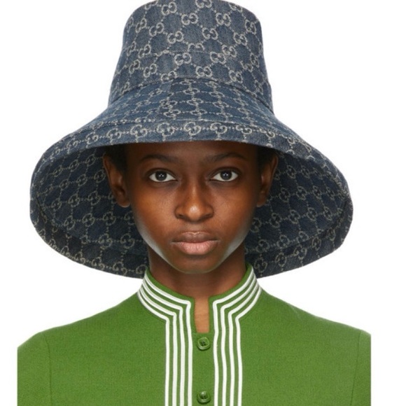 Gucci GG Monogram Bucket Hat Wide Large Brim Thick Denim Navy Allover Jacquard - Picture 3 of 15